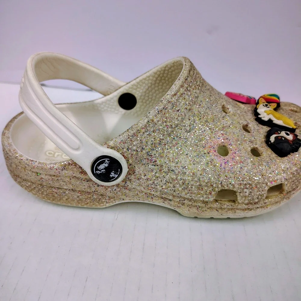 Crocs Classic‎ Glitter Clog Silver Multi Sparkle Shoes with Jibbitz Charms C13